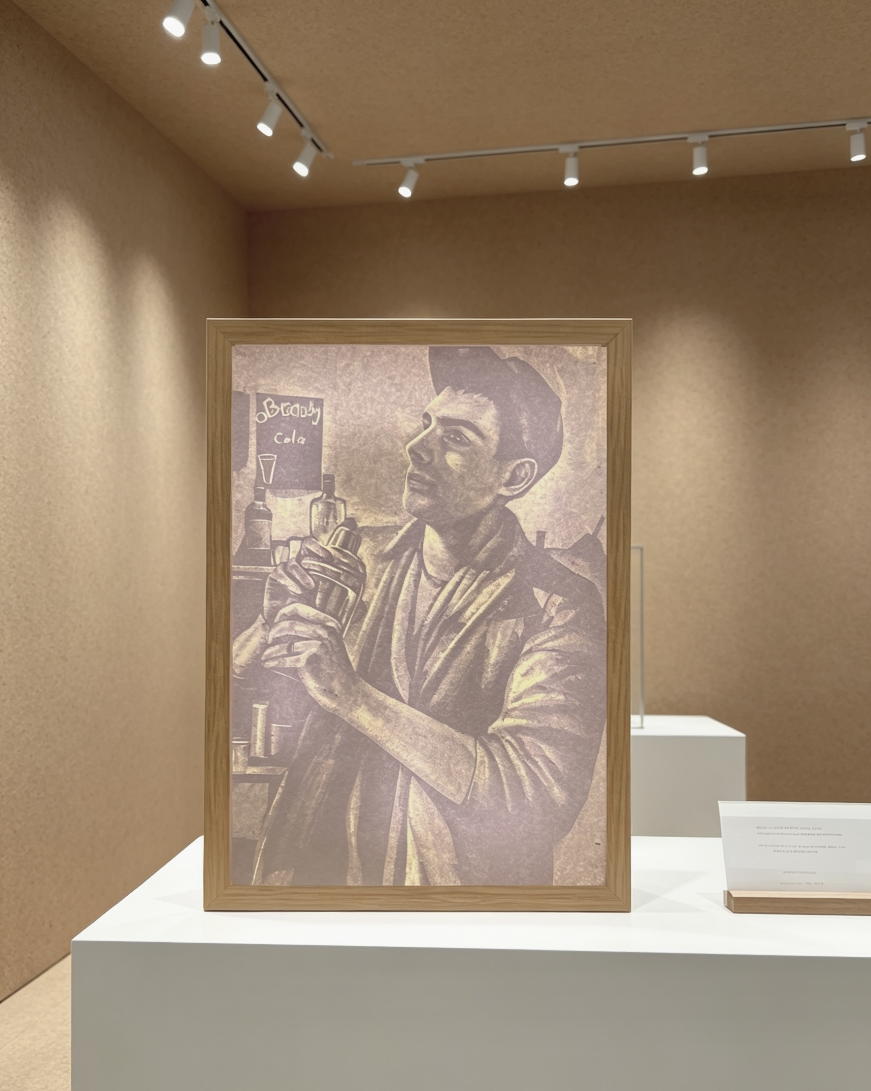 A framed paper light portrait displayed in a gallery setting.