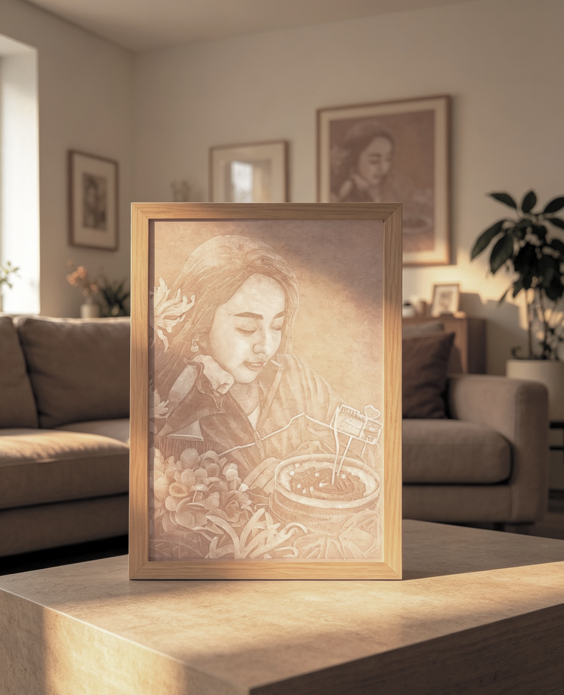 A framed hand-carved paper light portrait glowing in a warm living room.