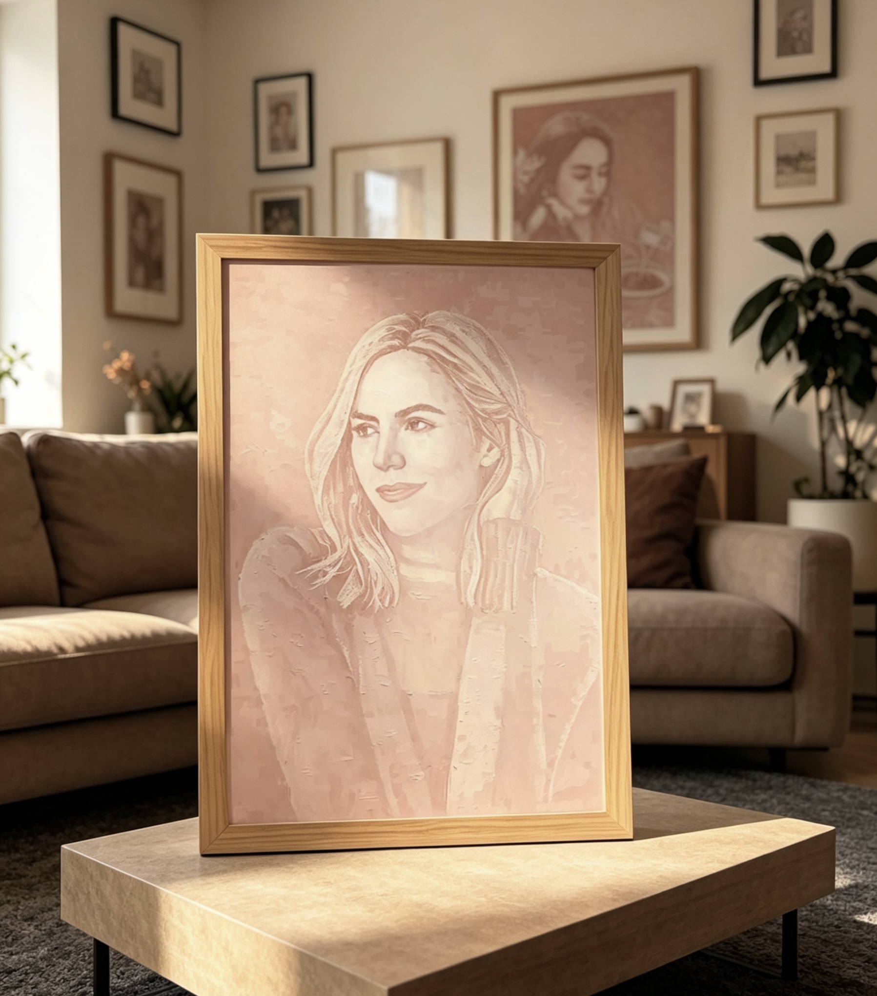 A framed paper light portrait of a woman displayed on a coffee table.